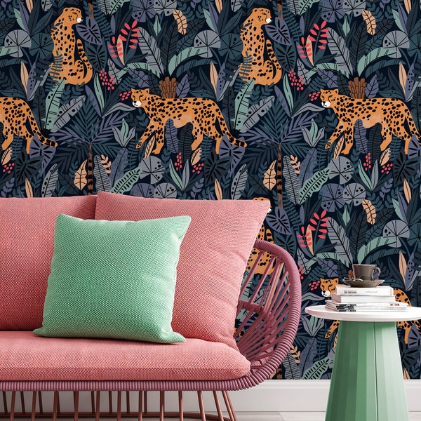 Removable Wallpaper, Temporary Wallpaper, Peel and Stick Wallpaper, Cheetah, tropical leaves, jungle #3213