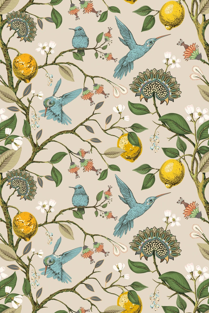 Hummingbirds and lemons Peel & Stick Wallpaper Removable Self Adhesive and Traditional wallpaper 3284 image 5