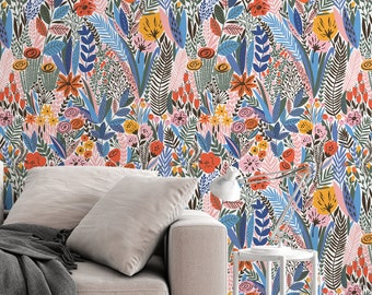 Scandinavian design, flowers, multicolor plants  - Peel and stick wallpaper, Removable , traditional wallpaper -  3217