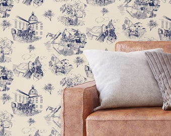 Mountains and the old town hand drawn - Peel and stick wallpaper | traditional wallpaper 3324