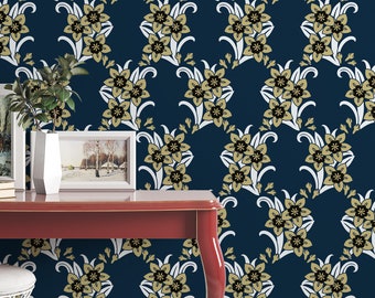 EXCLUSIVE PATTERNS Sunday flowers on navy background - Peel & Stick Wallpaper - Removable Self Adhesive and Traditional wallpaper #3222