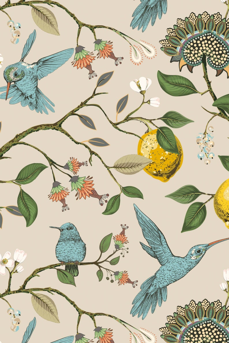 Hummingbirds and lemons Peel & Stick Wallpaper Removable Self Adhesive and Traditional wallpaper 3284 image 4