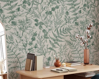 Botanical Wallpaper Fern and Plants Peel and Stick Wallpaper - Removable Self Adhesive and Traditional wallpaper #3412