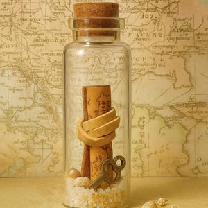 May include: A clear glass bottle with a cork stopper, containing a rolled scroll tied with a leather strap, a vintage key, and small seashells. The bottle sits on a bed of white sand, against a backdrop of an antique map.