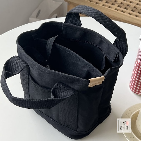 Multi-Pocket Tote Bag with Zip, Canvas Handmade Handbag with Compartments