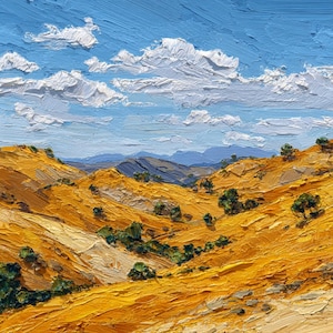 Golden California Hills Oil Painting – Textured Landscape with Blue Sky, 36x36 inches