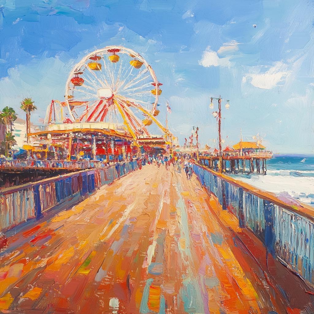 サンタモニカ桟橋の油絵：カリフォルニアの夏の海景（30x24インチ