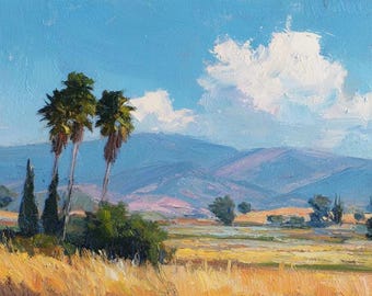 California Landscape Oil Painting, Palm Trees & Golden Fields, Original Impressionist Art, California Wall Art