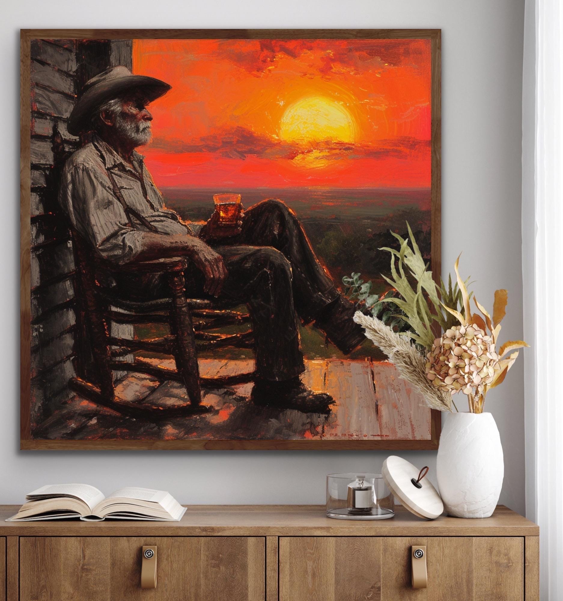 油絵　大きめ　アート　サンセット Sunset in Wild West 36x36 Inches ,original Painting, One of
