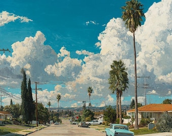 California Palm Tree Painting: Mid-Century Modern Car, Coastal Wall Art
