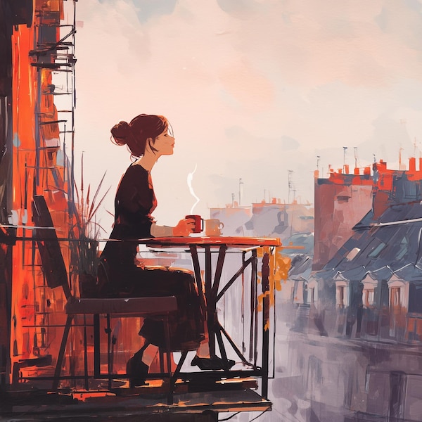 Peinture à l'huile originale : balcon d'une grande ville, art contemporain (120 x 61 cm)