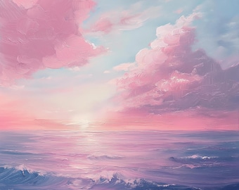 ピンク紫の夕日とヤシの木の油絵、キャンバス、海の絵、熱帯の絵