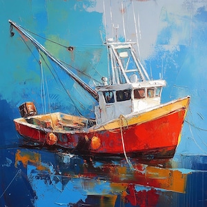Red Fishing Boat oil painting 36x36 inches ,Original Painting, One of a Kind, Wall Decor, Home Decoration