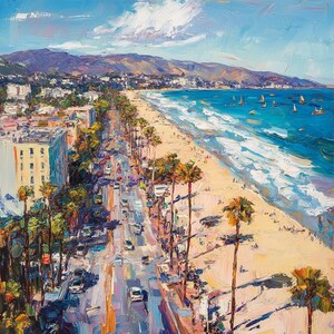 California Coastal Oil Painting 36x36: Beachfront Palm Trees, Original Art