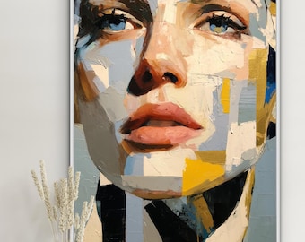 抽象的な女性像 油彩画 現代女性の肖像画油絵 – 大胆な質感で描かれた女性の顔の抽象的な