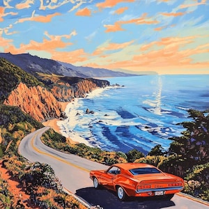 Big Sur California Oil Painting – Coastal Landscape Wall Art, Classic Car Ocean Drive Décor