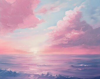 ピンク紫の夕日とヤシの木の油絵、キャンバス、海の絵、熱帯の絵