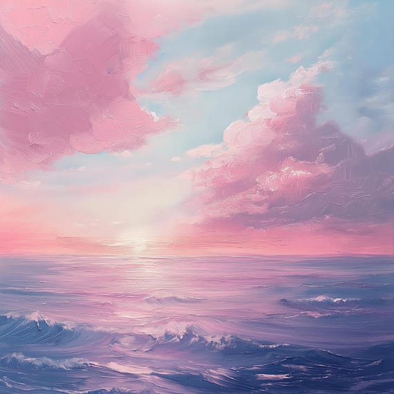 ピンクの夕日 - 油絵、オリジナル絵画、ユニークな絵画、アート