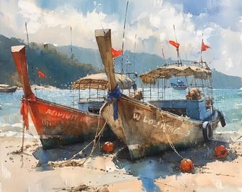 Pintura original de barcos de pesca, pieza única, decoración de pared, decoración del hogar