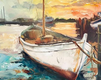Pintura al óleo original de barcos de pesca, pieza única, decoración de pared, decoración del hogar