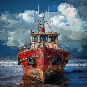 Red Fishing Boat oil painting 36x36 inches ,Original Painting, One of a Kind, Wall Decor, Home Decoration