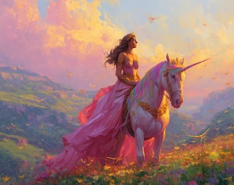 May include: A person with long hair wearing a pink gown and a gold crown riding a white unicorn with a rainbow mane and a gold horn. The unicorn wears a gold harness. They are in a field of colorful flowers under a sunset sky with flying insects.