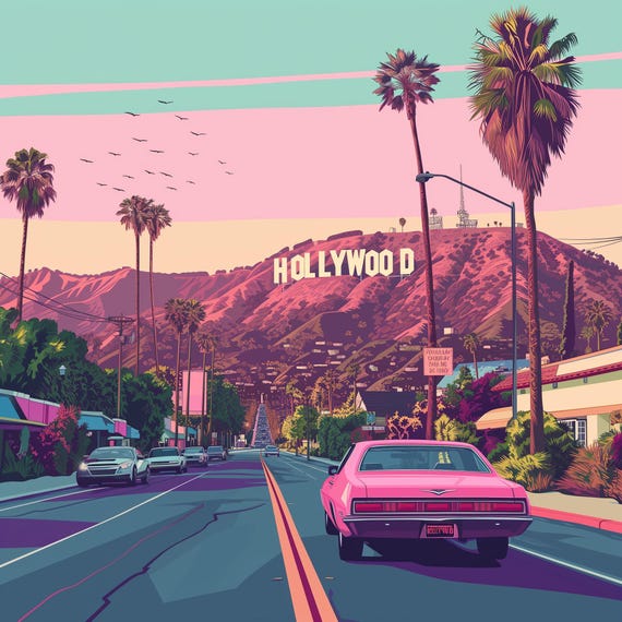 ハリウッドヒルズの夕日の油絵：カリフォルニアドリームアート（40x40 