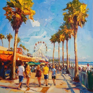 California Beach Boardwalk Oil Painting: 36x36 Original Art