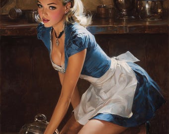 Vintage Maid Oil Painting – Elegant Retro Pin-Up Style Woman in Blue Dress