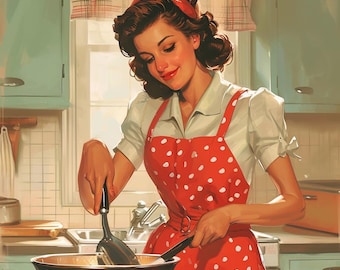 1950s Kitchen Oil Painting: Nostalgic Pin-Up Art (48x33 inches)