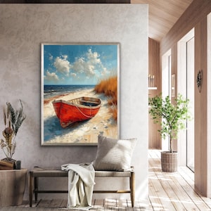 Red Fishing Boat Oil Painting: Original Seascape Art (30x40 Inches) - Etsy