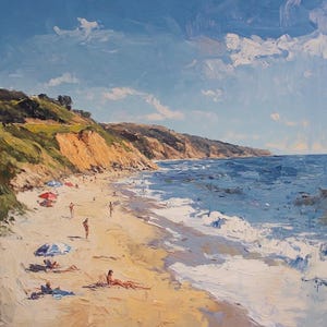 California Coastal Oil Painting: Beach Scene, 36x36 inches