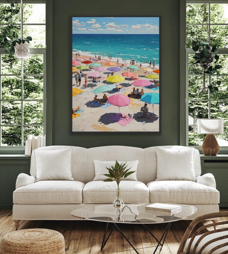 Original Beach Painting Colorful Beach Umbrellas Wall Art Coastal 