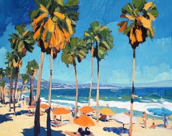 California Beach Oil Painting: Coastal Palm Trees, 36x36 Original Art