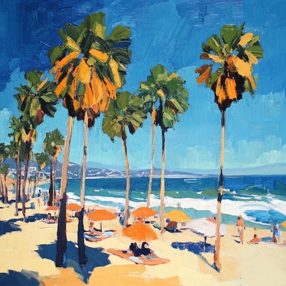 カリフォルニアビーチの油絵：海岸のヤシの木、36x36インチの