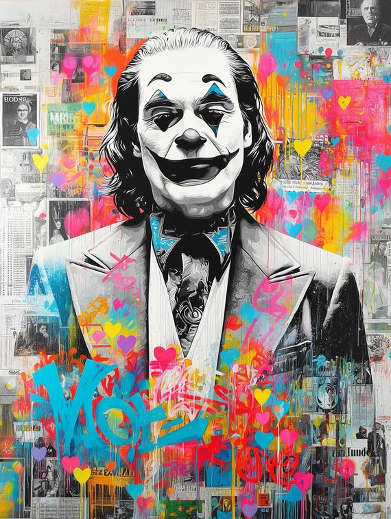 Original Joker Oil Painting – Black & White Portrait With Graffiti