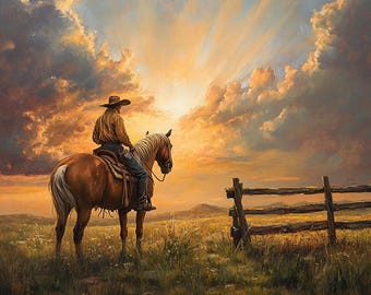 Cowboy bei Sonnenuntergang Ölgemälde: Western Art, rustikale Dekoration
