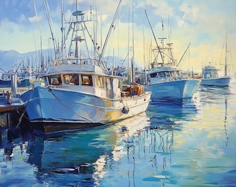 Marina Boats Oil Painting: Original Seascape Art (36x36 inches)