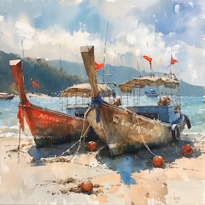 Fishing Boats Original Painting, One of a Kind, Wall Decor, Home Decoration
