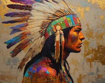 Pintura al óleo de un indio americano: retrato de herencia, arte occidental (91 x 91 cm)
