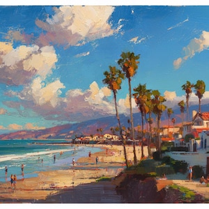 Southern California Coast Oil Painting, 60x36 inches – Coastal Landscape Wall Art with Palm Trees & Beach Scene