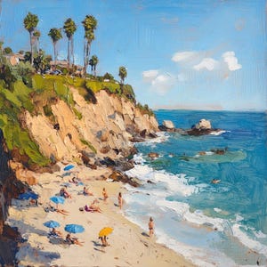 California Coastal Oil Painting: Beach Scene Wall Decor, 36x36