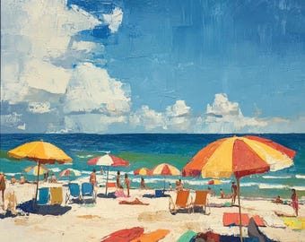 Beach Umbrella Oil Painting | 36×36″  | Coastal Seascape Wall Art