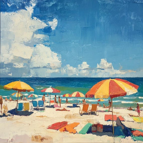ビーチパラソルの油絵 | 36×36インチ | 海岸の風景ウォールアート