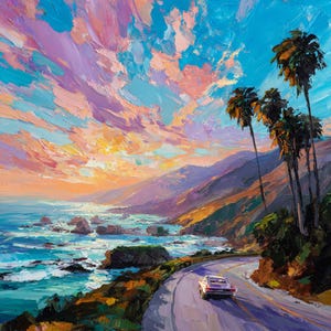 Big Sur Oil Painting: California Coastline with Classic Car (40x40 inches)