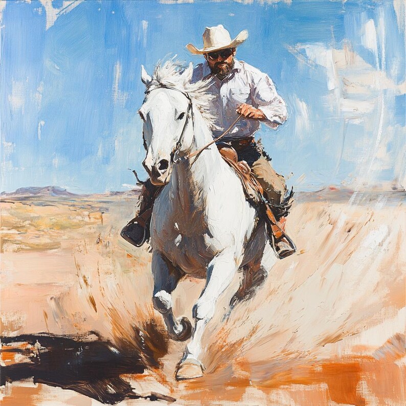 Cowboy on White Horse – Western Oil Painting, Southwestern Wall Art ...