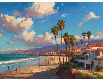 Southern California Coastal Oil Painting, Palm Trees Beach Scene (60x36 inches)