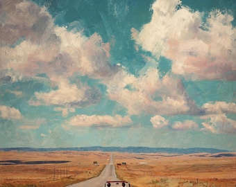 Viaggio in California - 36x24 pollici, dipinto vintage di paesaggio decappottabile, arte su tela con autostrada aperta, dipinto ad olio originale
