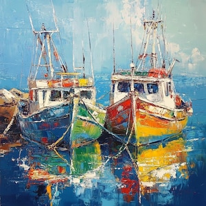 Fishing Boat oil painting 36x36 inches ,Original Painting, One of a Kind, Wall Decor, Home Decoration