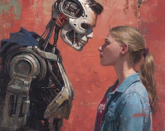 Robot and Human Connection Oil Painting | AI Art on Canvas | Futuristic Sci-Fi Wall Art | Modern Technology Decor